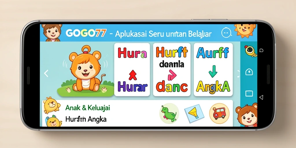 Tampilan antarmuka GOGO77 yang menarik untuk belajar huruf dan angka.