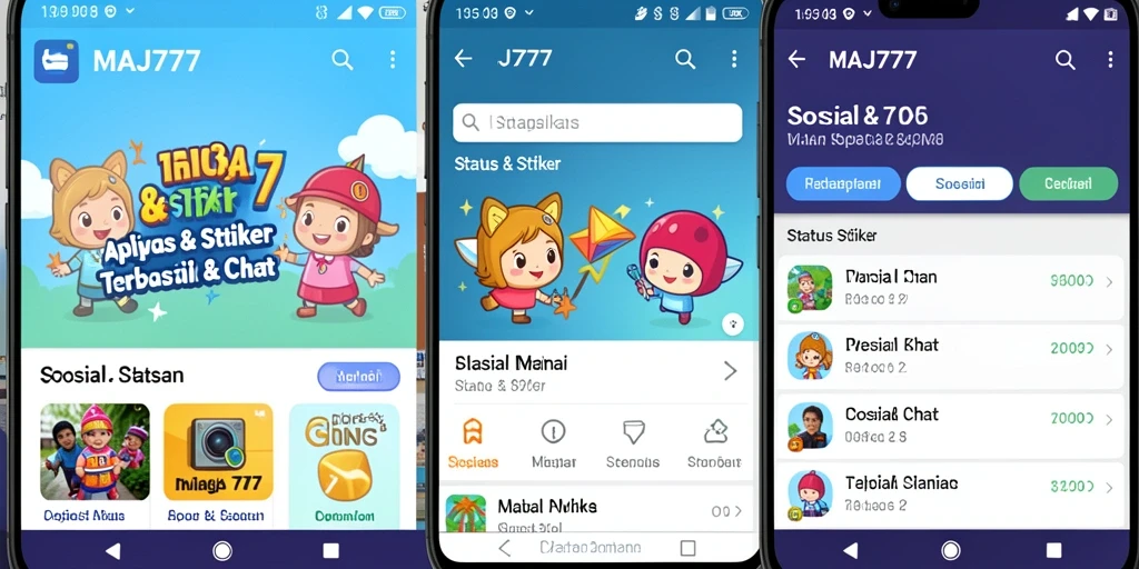 Screenshot antarmuka aplikasi MAJ777 dengan beragam stiker menarik.